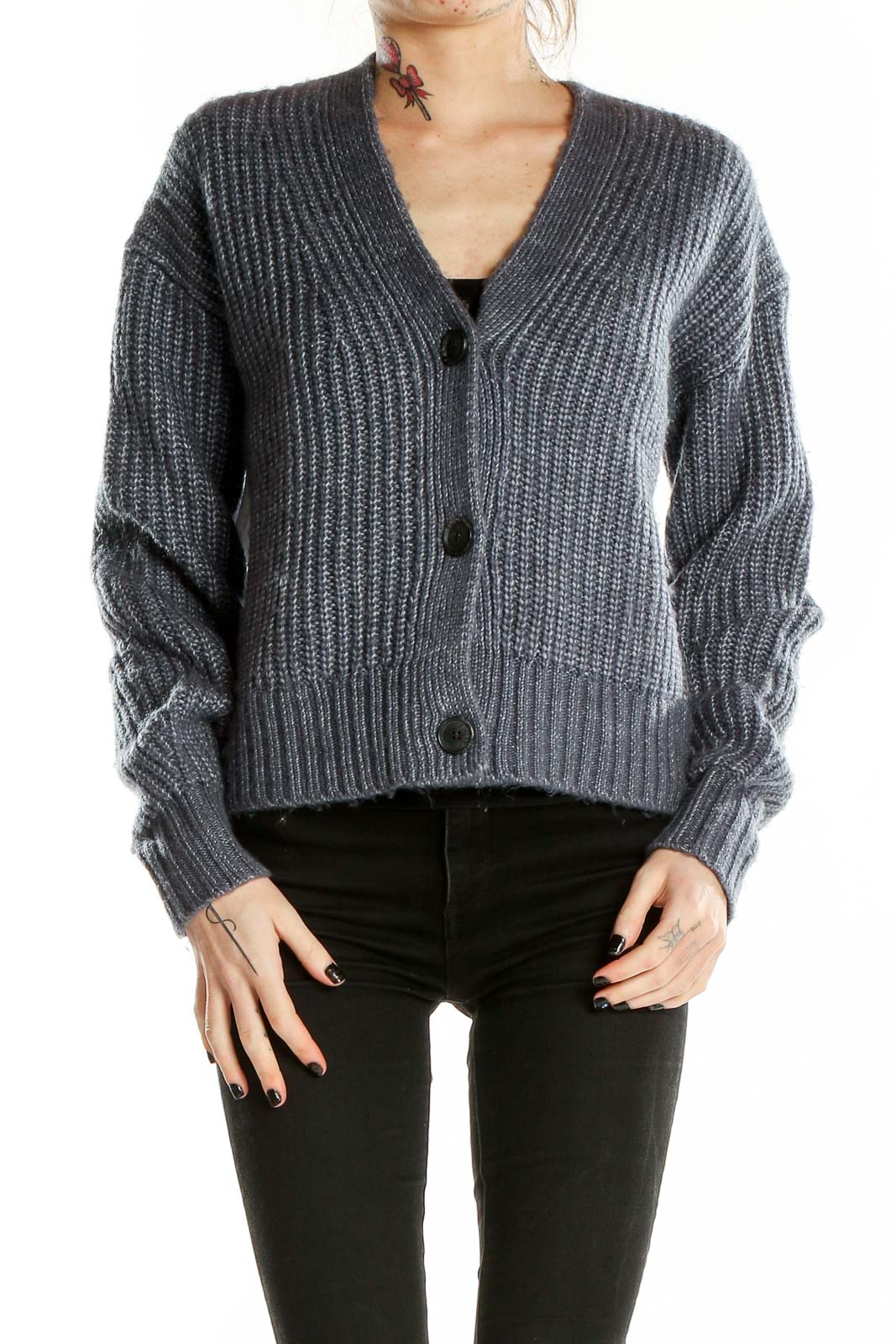 Front view of gray ribbed button-up cardigan from Gap