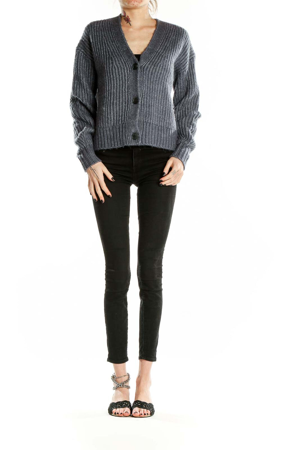 Front view of gray ribbed button-up cardigan from Gap