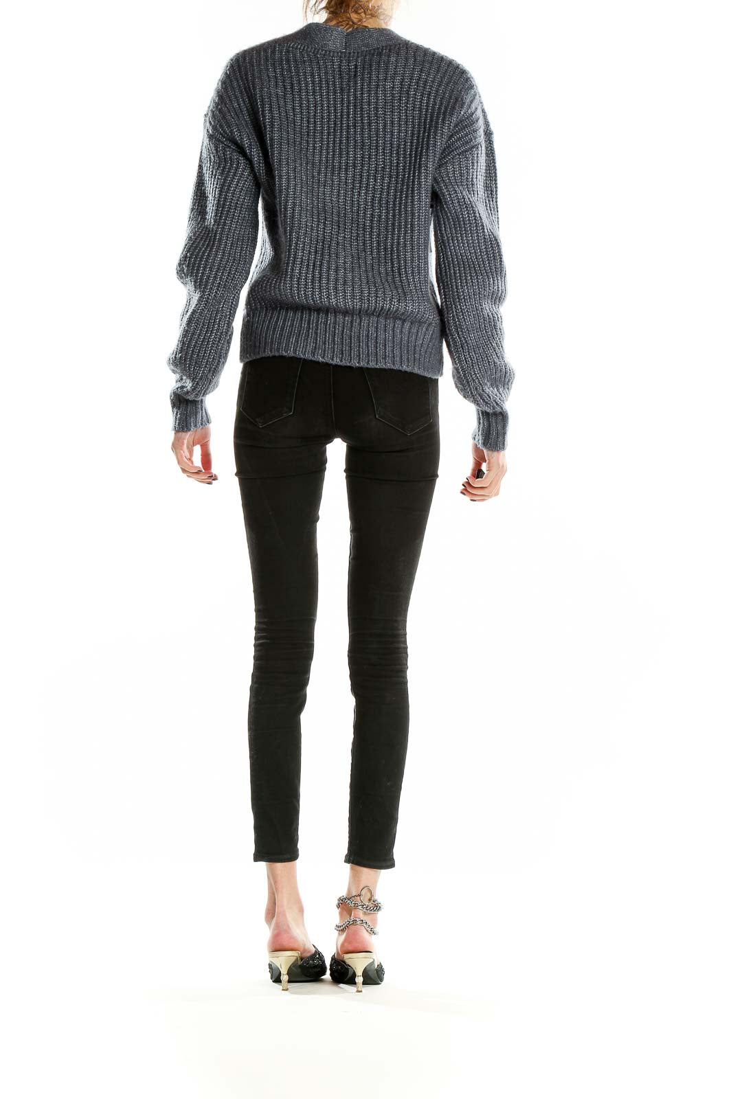 Back view of gray ribbed cardigan showing relaxed fit and texture