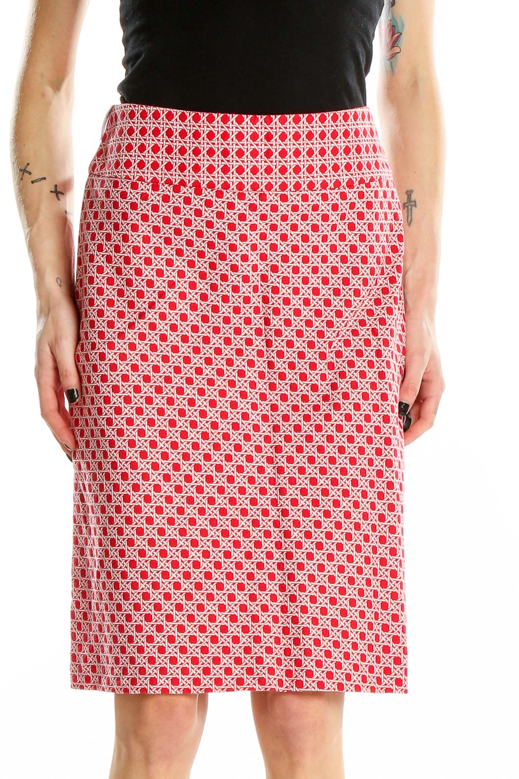 Front view of Talbots red and white geometric print pencil skirt