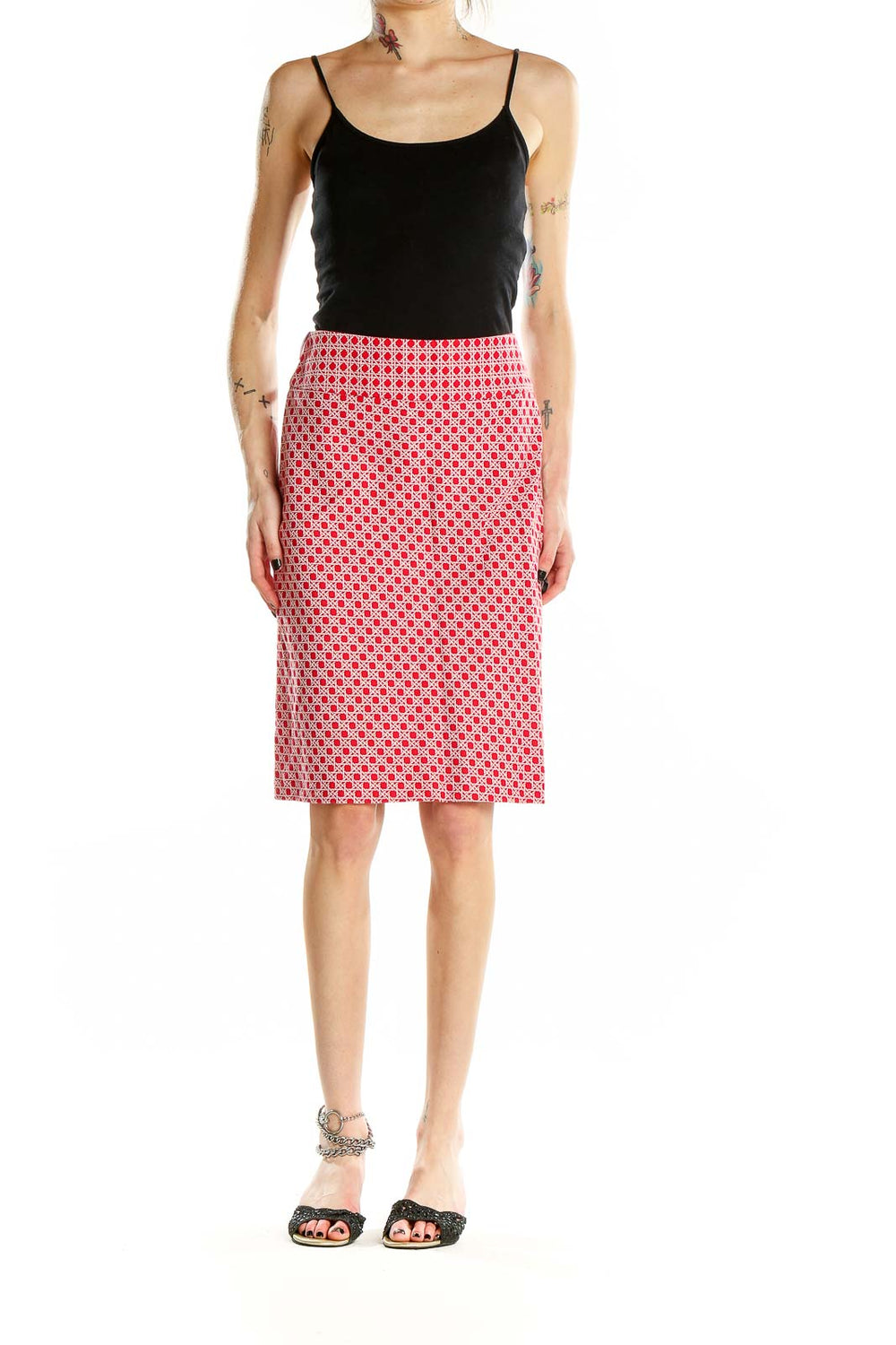 Front view of Talbots red and white geometric print pencil skirt