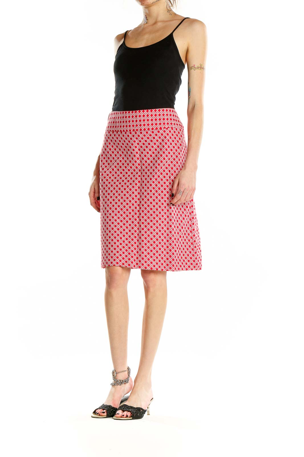 Front view of Talbots red and white geometric print pencil skirt