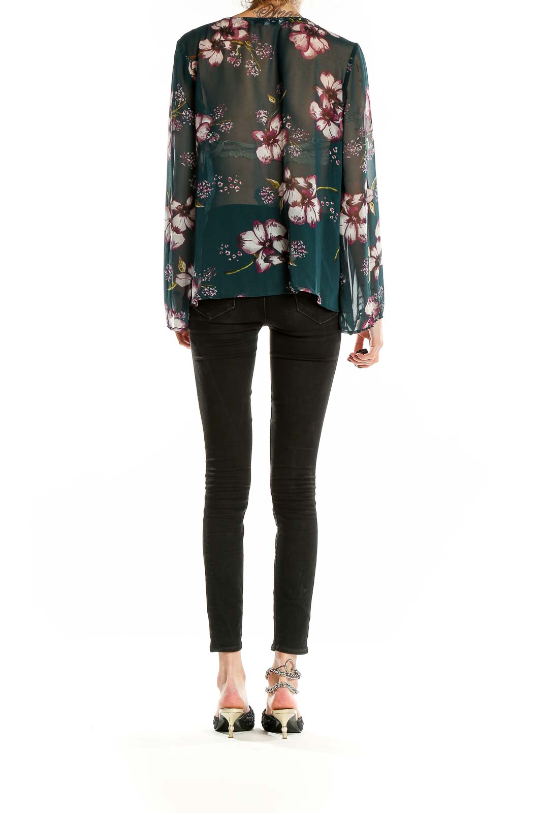 Back view of Cupcakes and Cashmere green floral blouse showing sheer sleeves