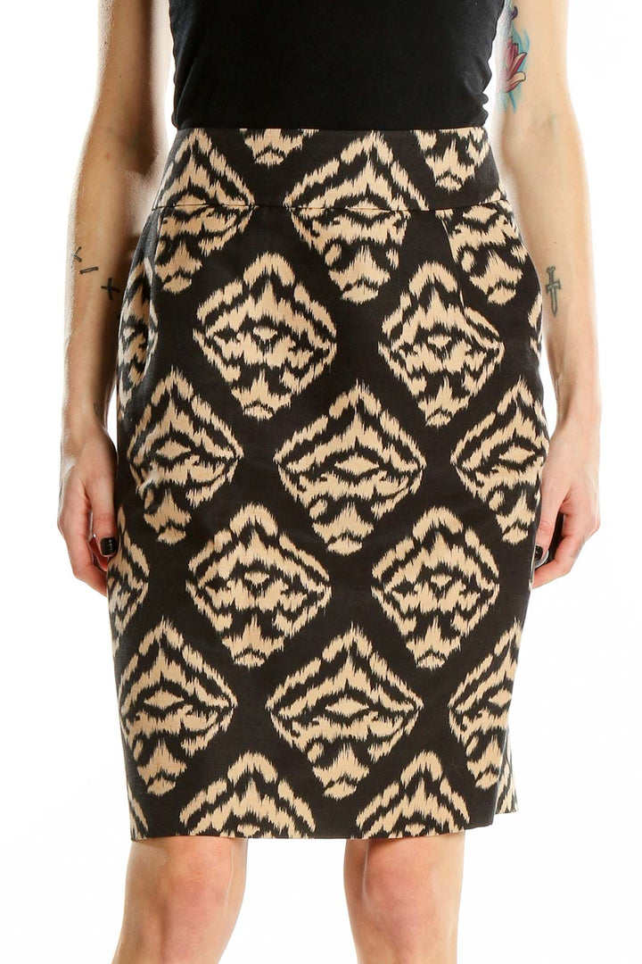 Front view of Talbots black and tan ikat print pencil skirt