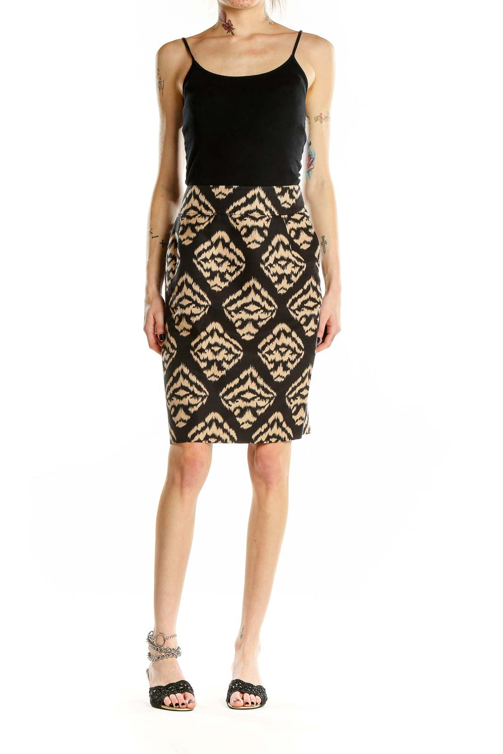 Front view of Talbots black and tan ikat print pencil skirt