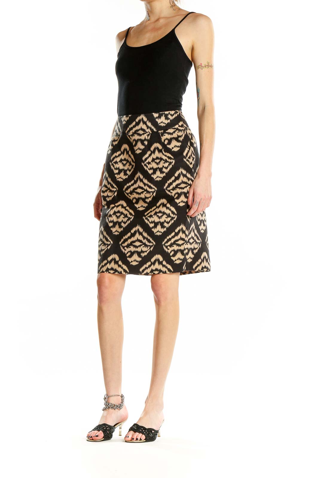 Front view of Talbots black and tan ikat print pencil skirt