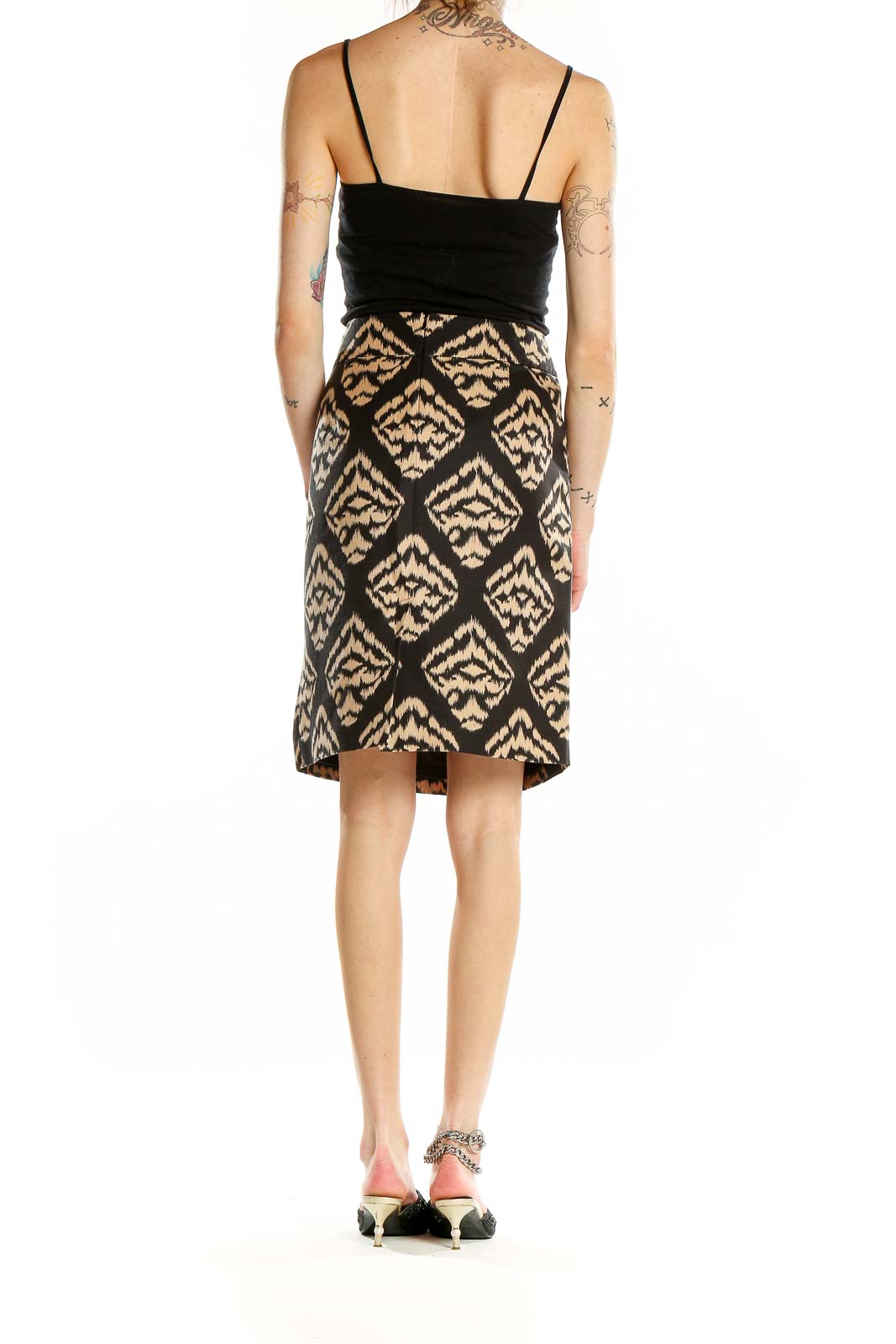 Back view of Talbots black and tan ikat print pencil skirt