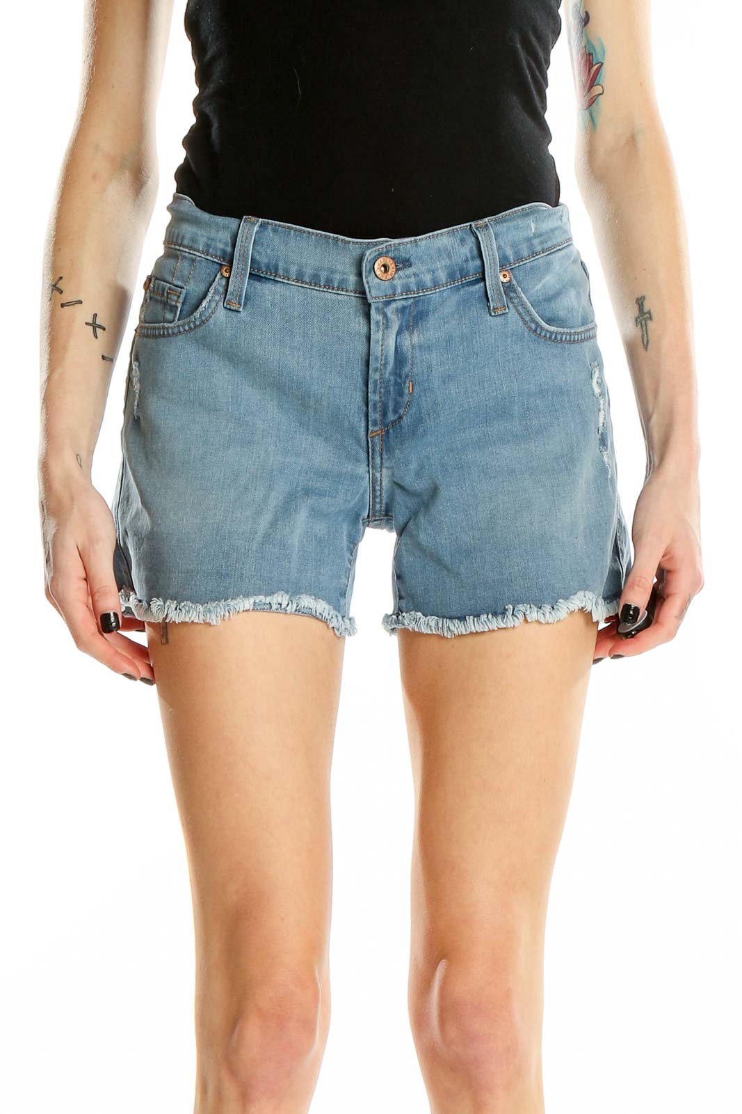 Front view of James Jeans light blue distressed denim shorts