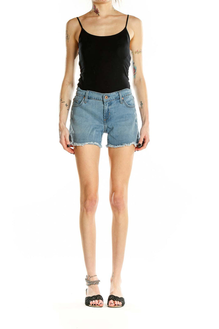 Front view of James Jeans light blue distressed denim shorts