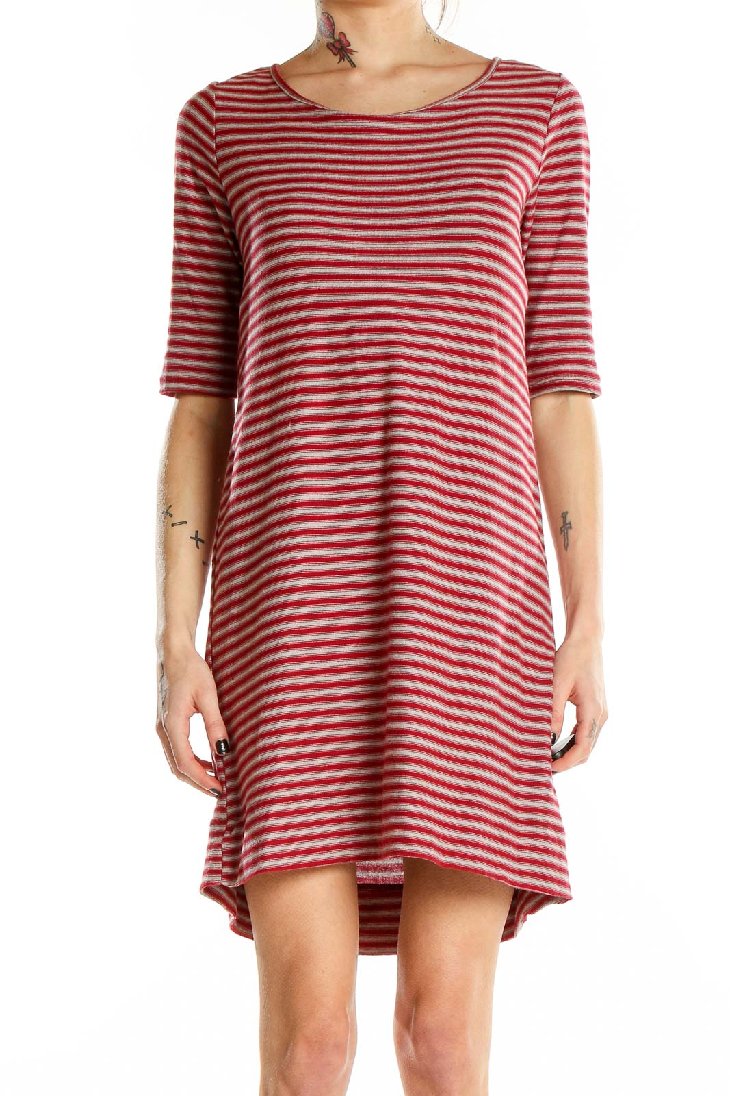 Front view of WE THE FREE red striped cotton t-shirt dress