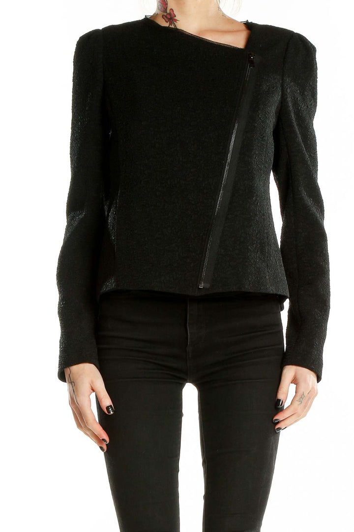 Front view of Ann Taylor black textured jacket with asymmetrical zip