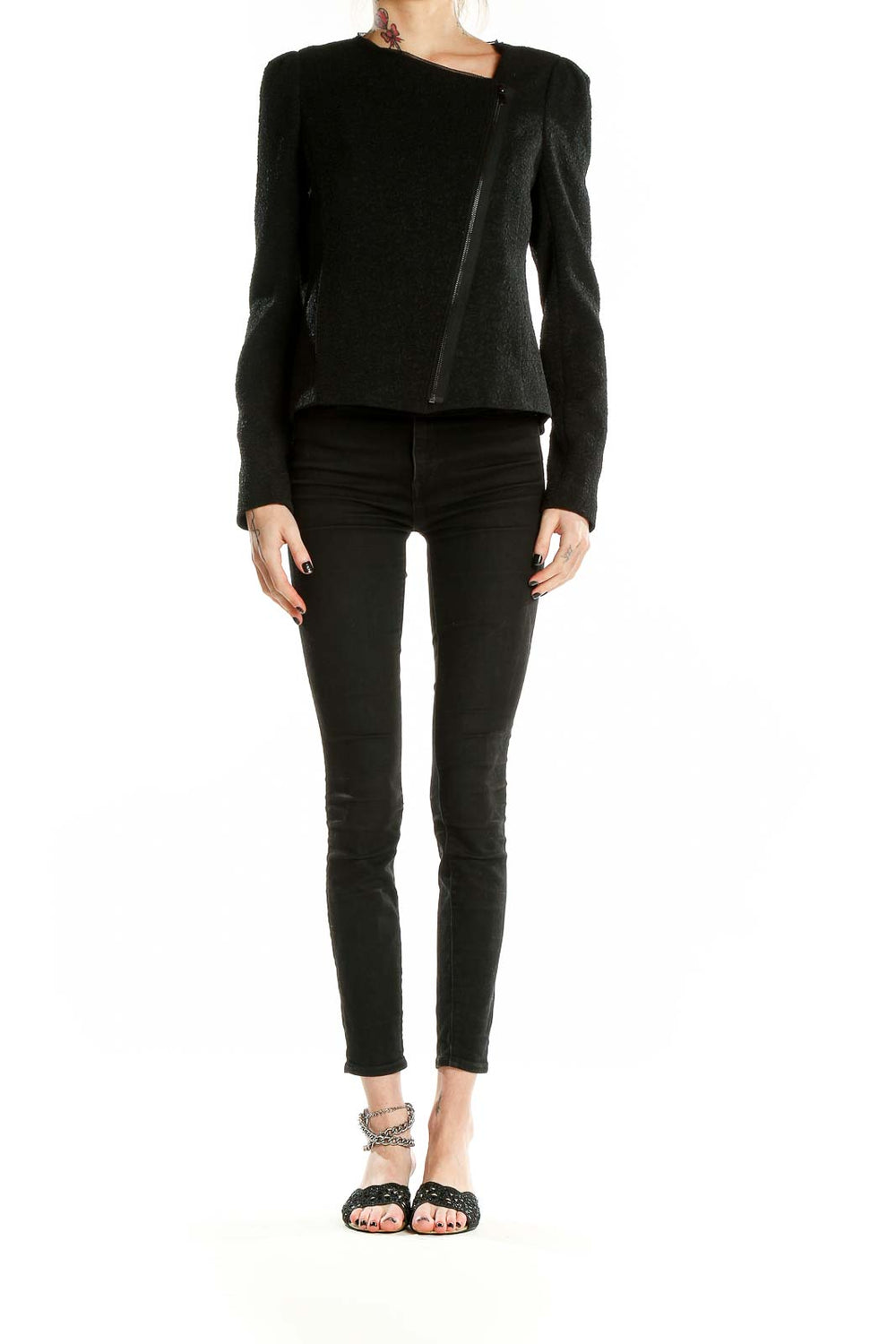 Front view of Ann Taylor black textured jacket with asymmetrical zip