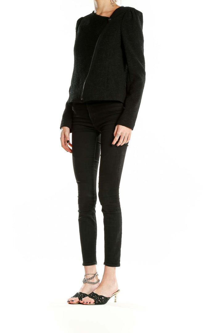 Front view of Ann Taylor black textured jacket with asymmetrical zip