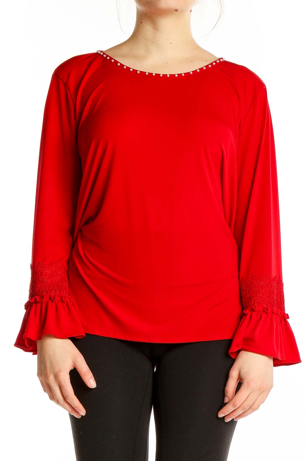 Front view of Karl Lagerfeld red top with embellished neckline and bell sleeves