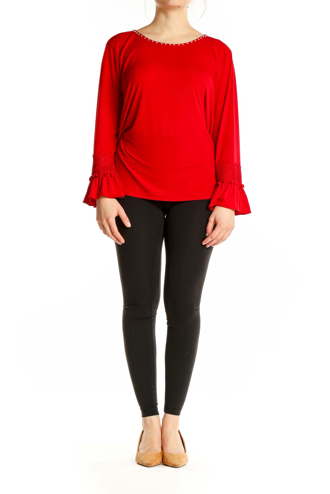 Front view of Karl Lagerfeld red top with embellished neckline and bell sleeves