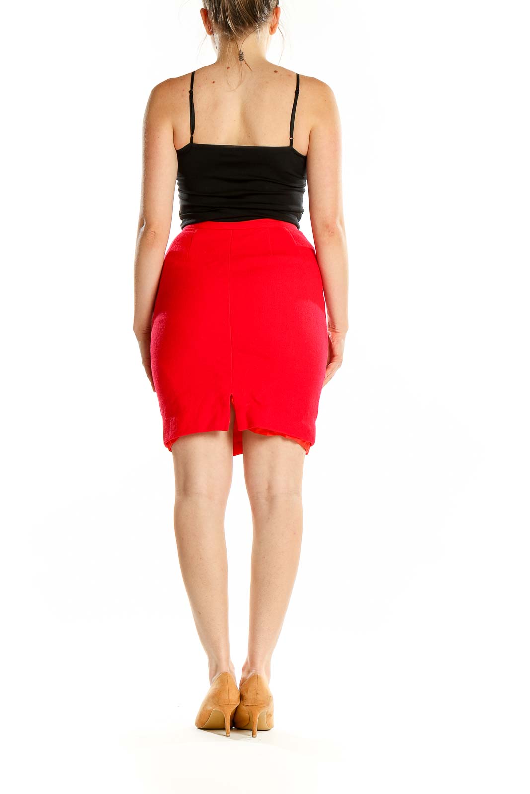 Back view of red fitted pencil skirt by SilkRoll showing slit detail