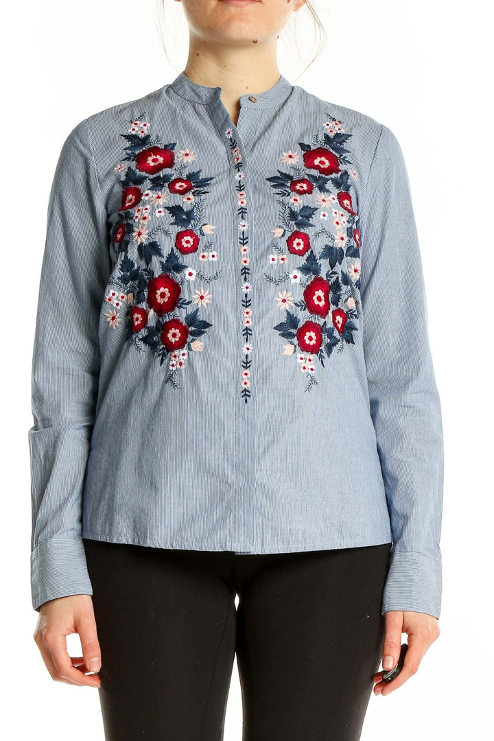 Blue Floral Embroidered Button-Up Shirt