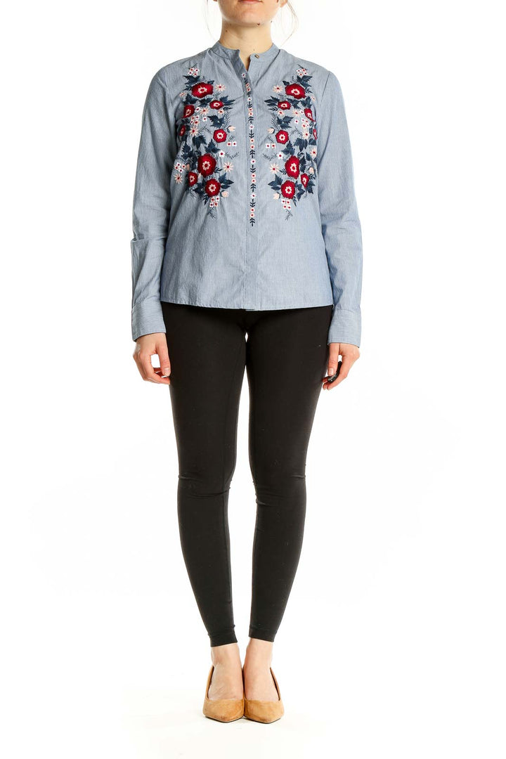 Blue Floral Embroidered Button-Up Shirt