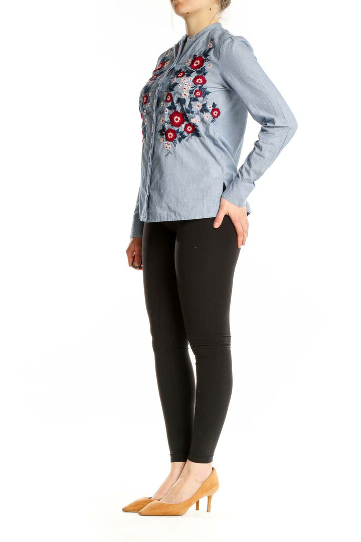 Blue Floral Embroidered Button-Up Shirt