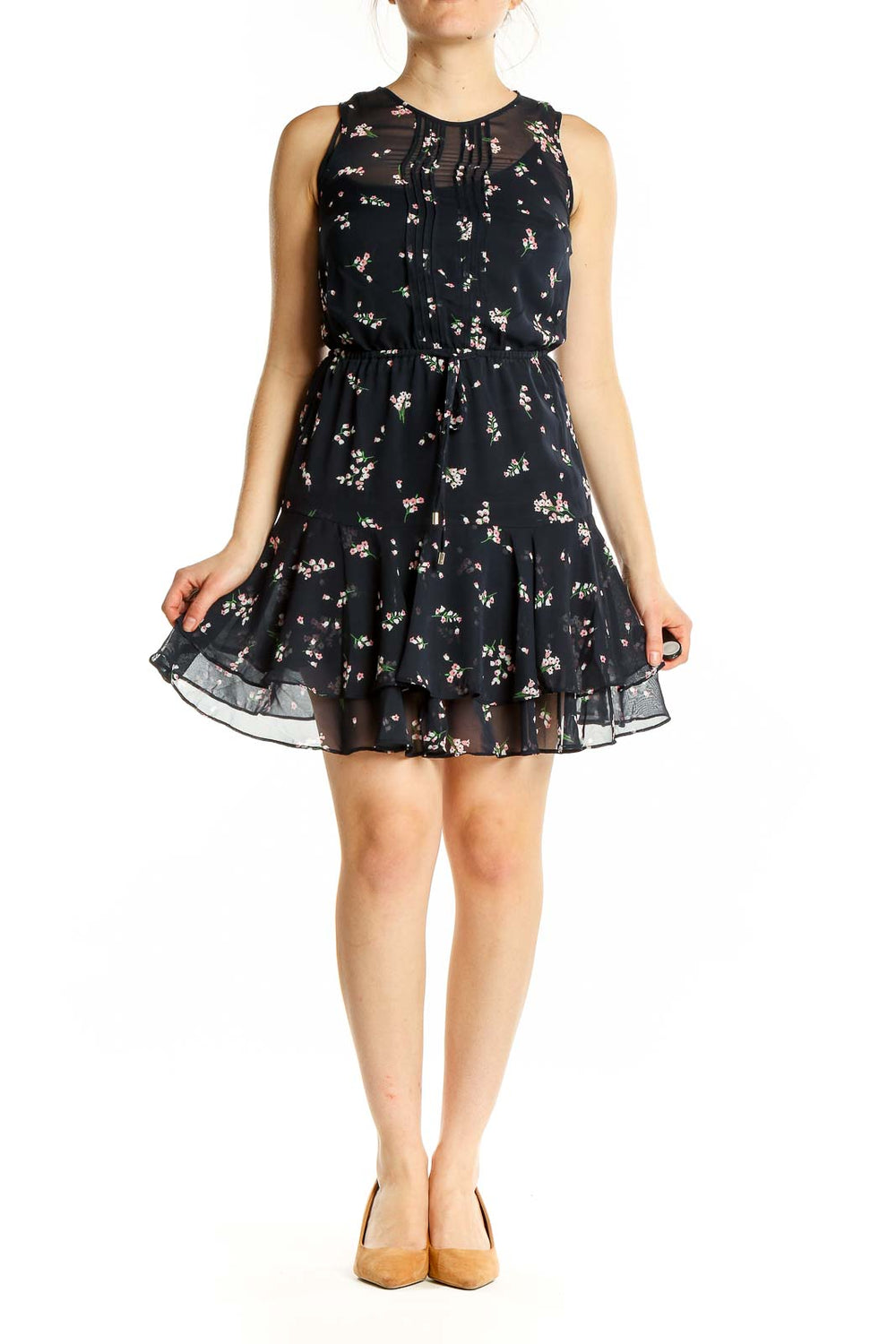 Front view of Tommy Hilfiger black floral sleeveless mini dress with ruffle skirt