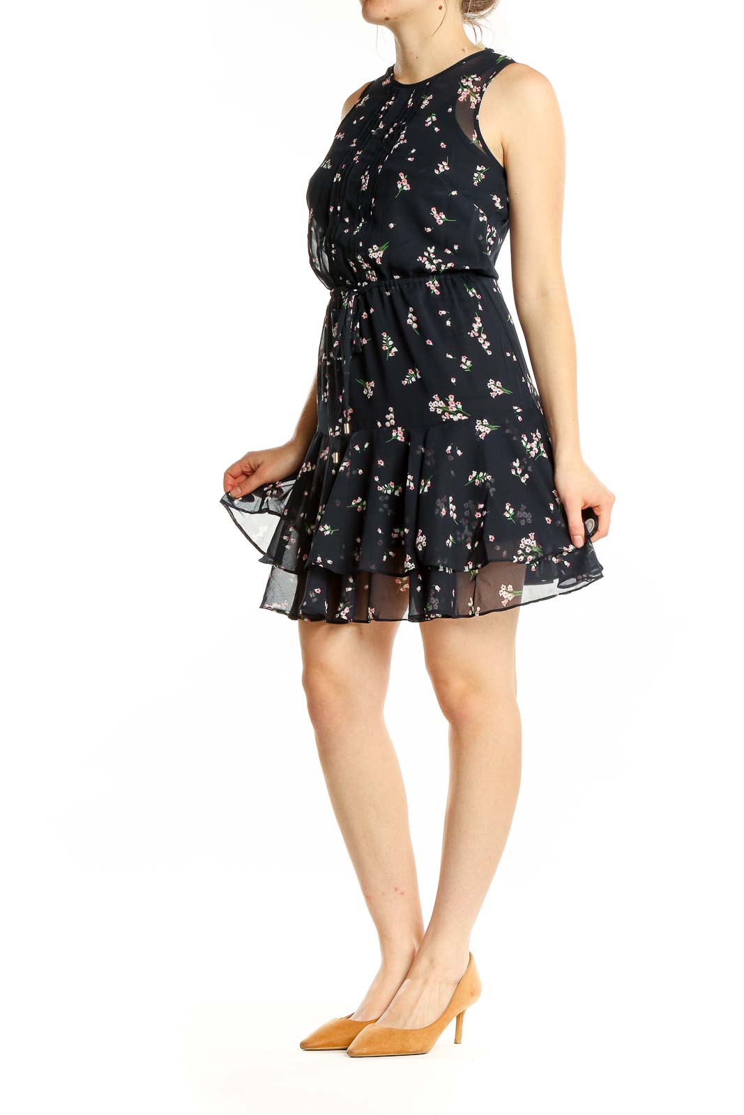 Front view of Tommy Hilfiger black floral sleeveless mini dress with ruffle skirt