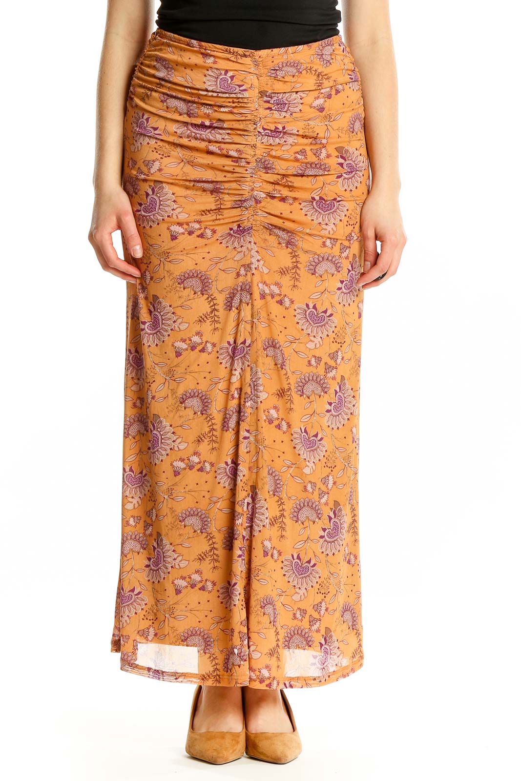 Front view of House of Harlow 1960 orange floral ruched maxi skirt