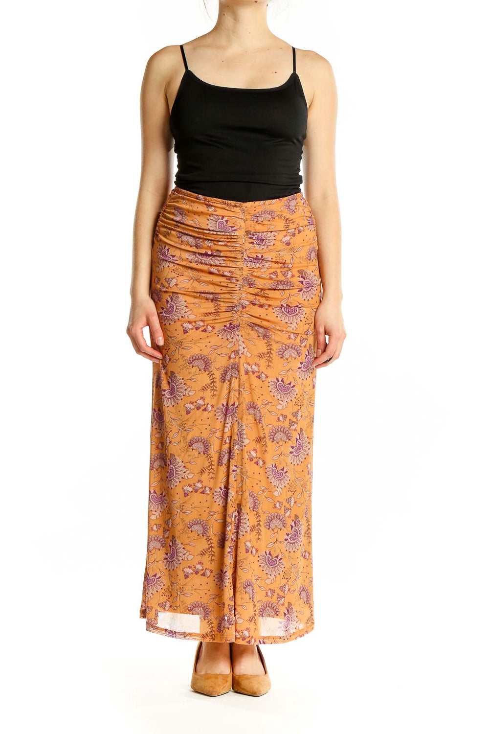 Front view of House of Harlow 1960 orange floral ruched maxi skirt