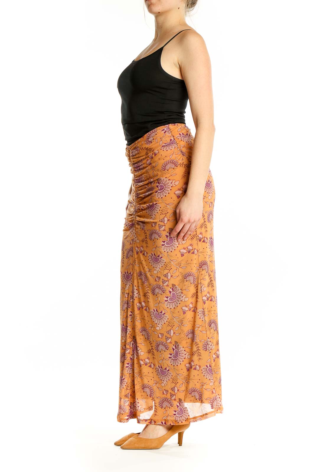 Front view of House of Harlow 1960 orange floral ruched maxi skirt