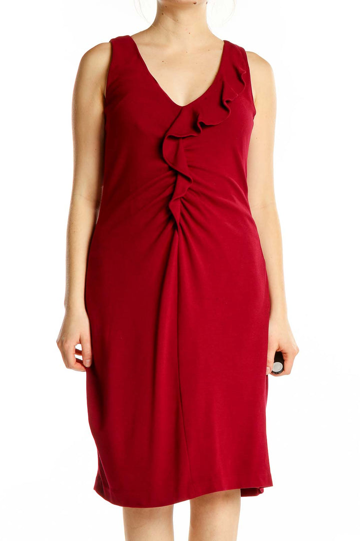 Front view of red Elie Tahari midi dress with ruffle V-neck and ruched waist