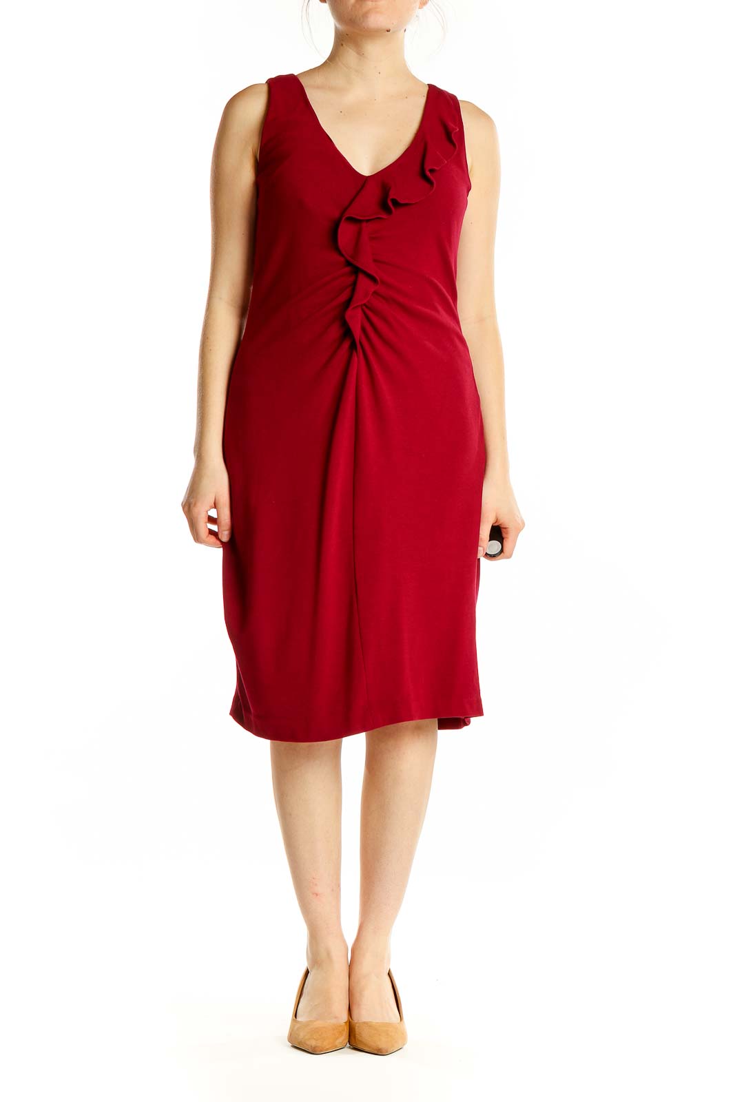 Front view of red Elie Tahari midi dress with ruffle V-neck and ruched waist