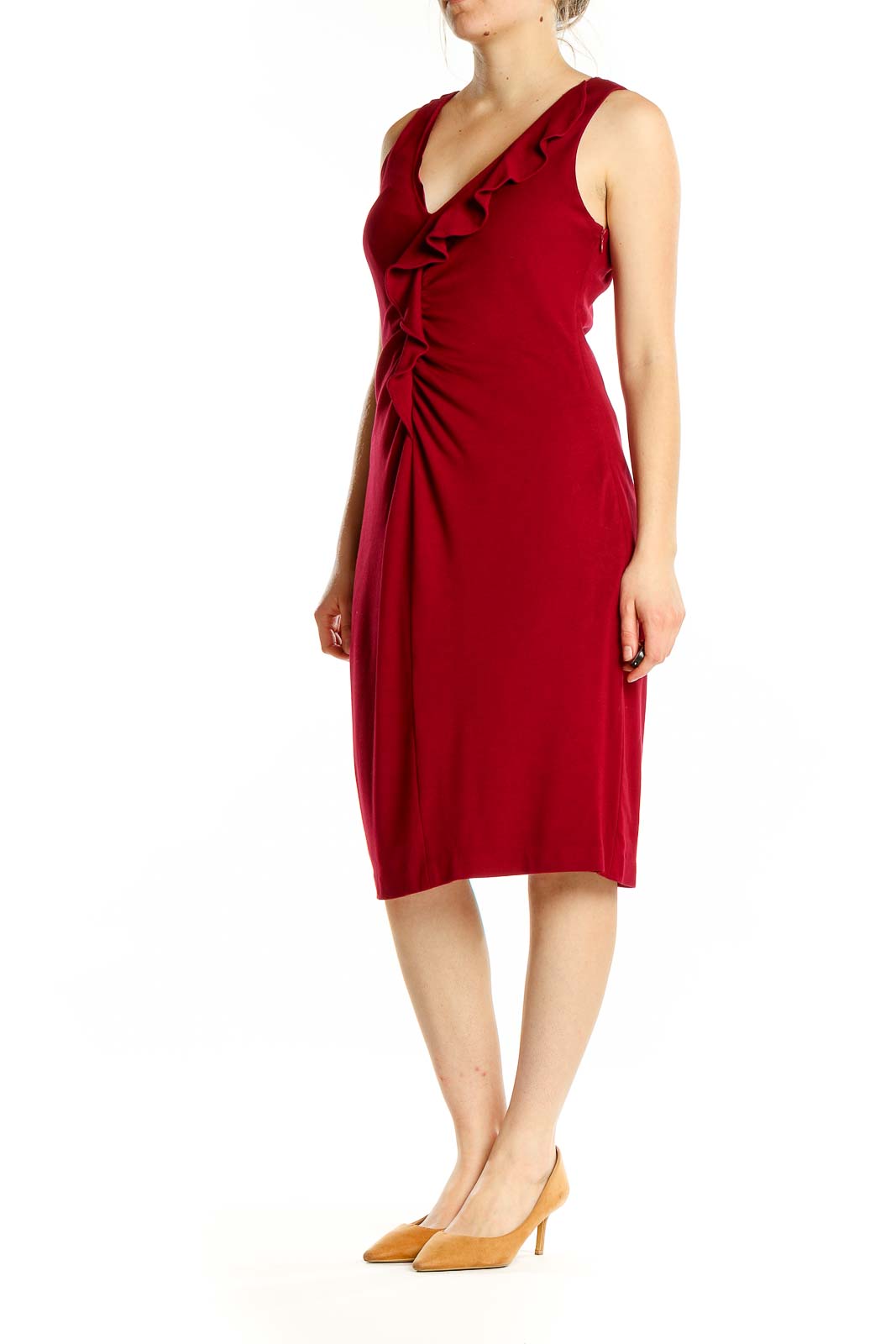 Front view of red Elie Tahari midi dress with ruffle V-neck and ruched waist