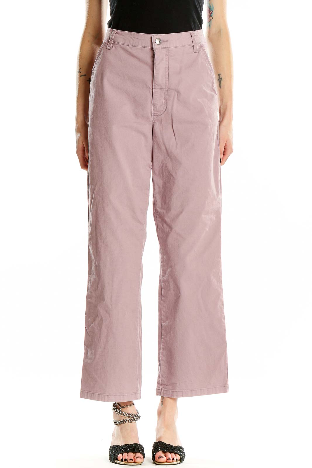 Front view of Toad&Co pink wide-leg pants with high waist and side pockets