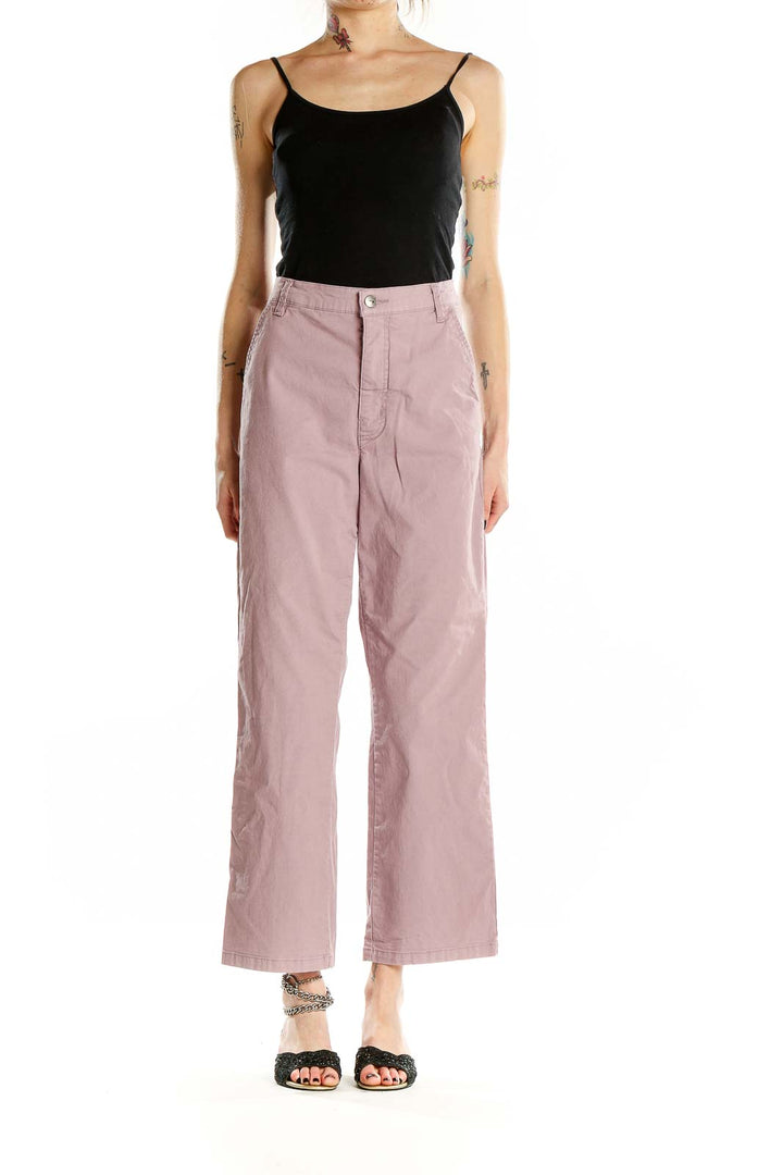 Front view of Toad&Co pink wide-leg pants with high waist and side pockets