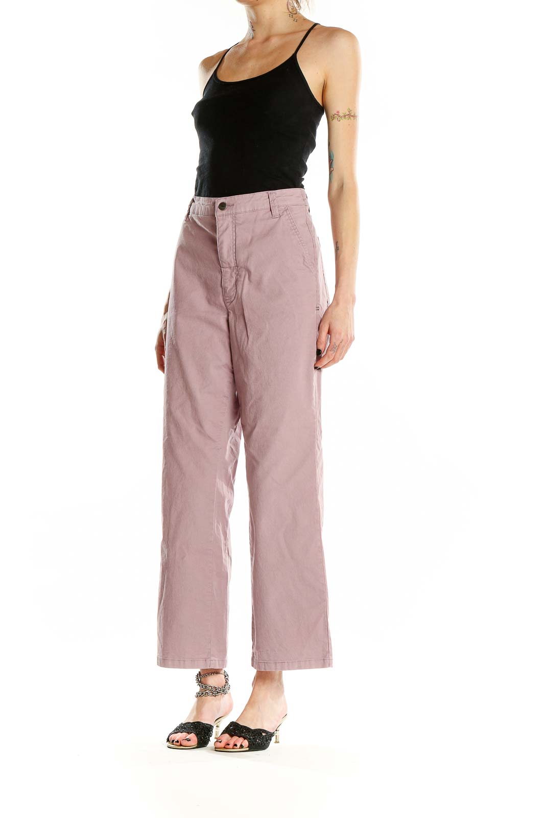 Front view of Toad&Co pink wide-leg pants with high waist and side pockets