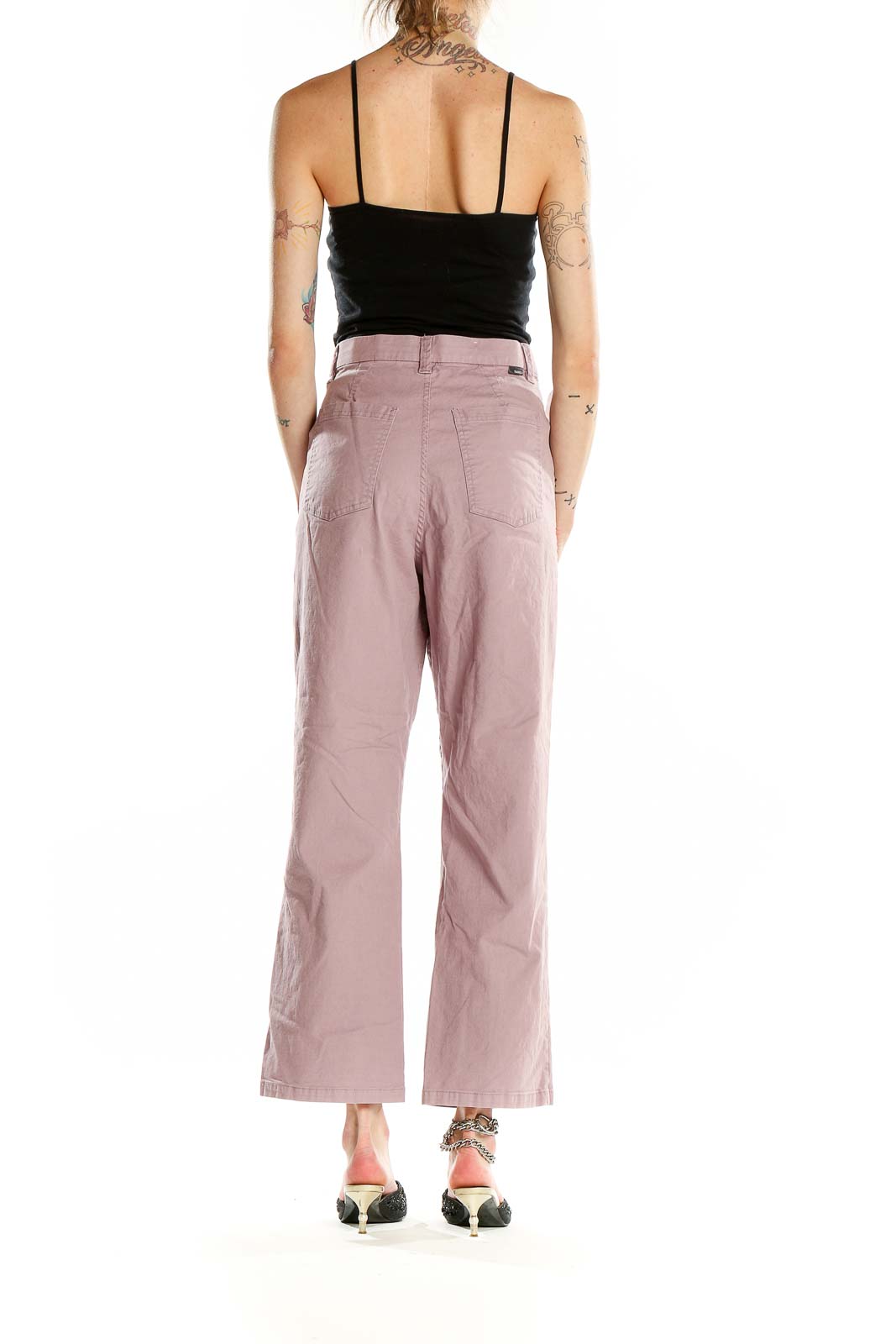 Back view of Toad&Co pink wide-leg pants showing patch pockets and relaxed fit