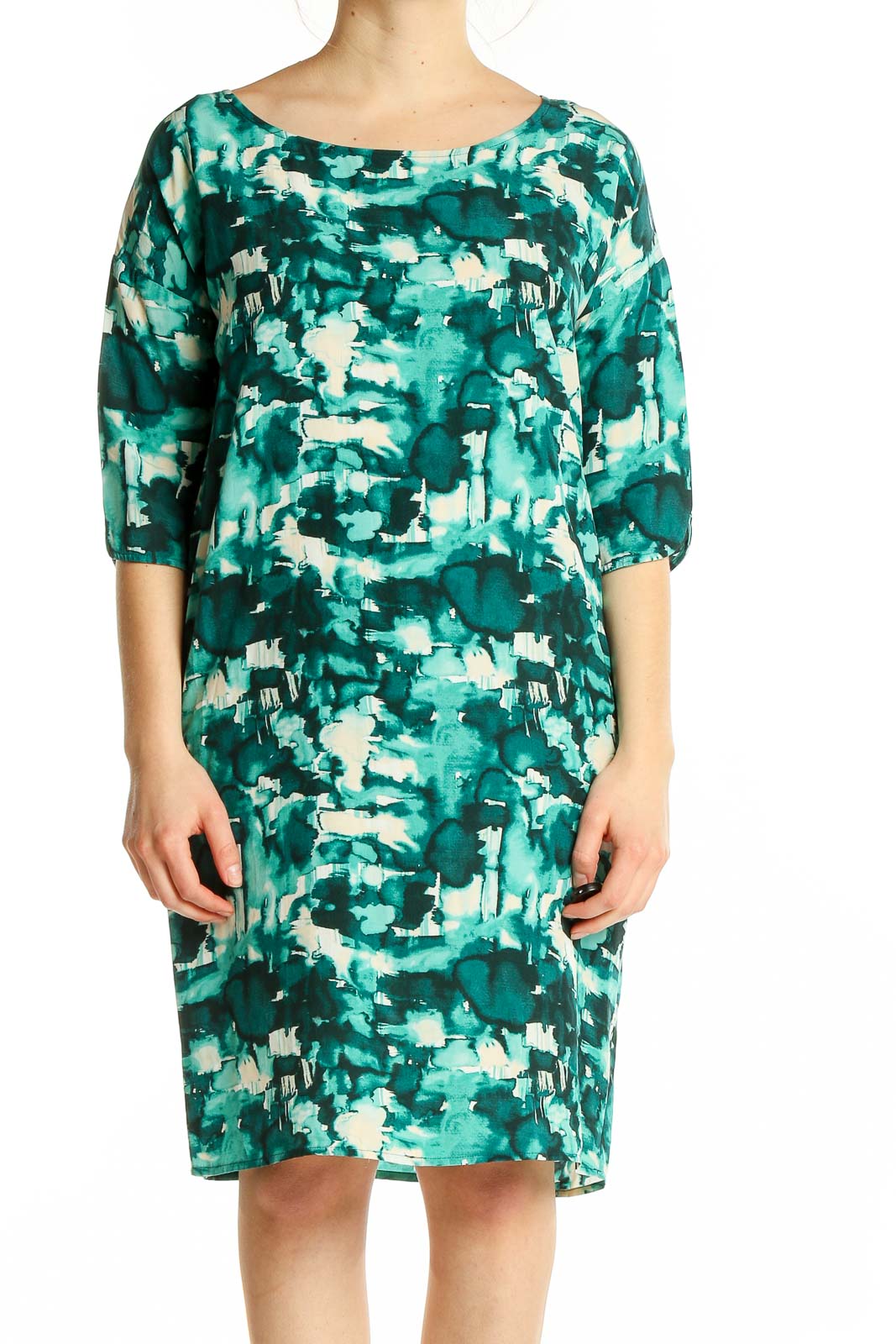 Front view of Second Female green abstract print viscose dress