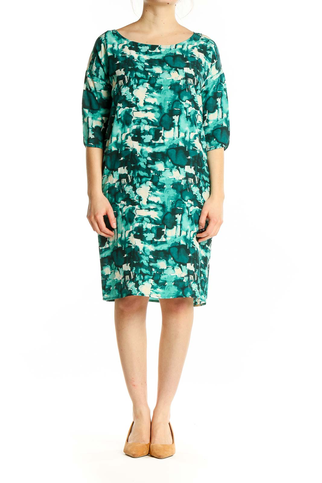 Front view of Second Female green abstract print viscose dress