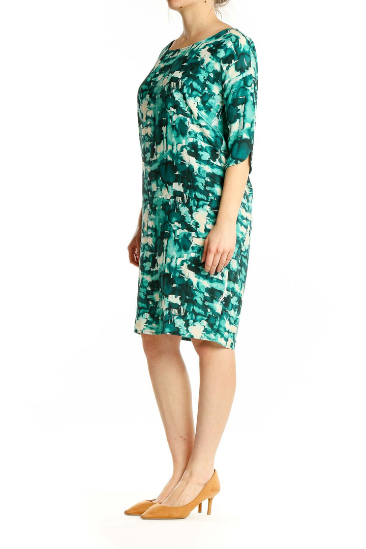 Front view of Second Female green abstract print viscose dress