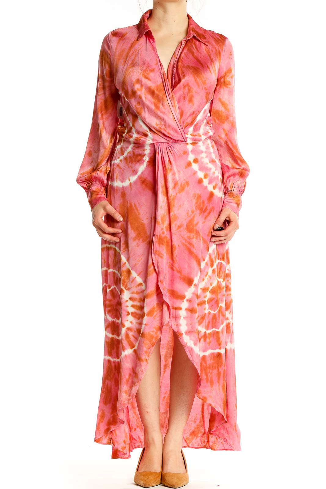 Front view of Young Fabulous & Broke pink tie-dye wrap maxi dress