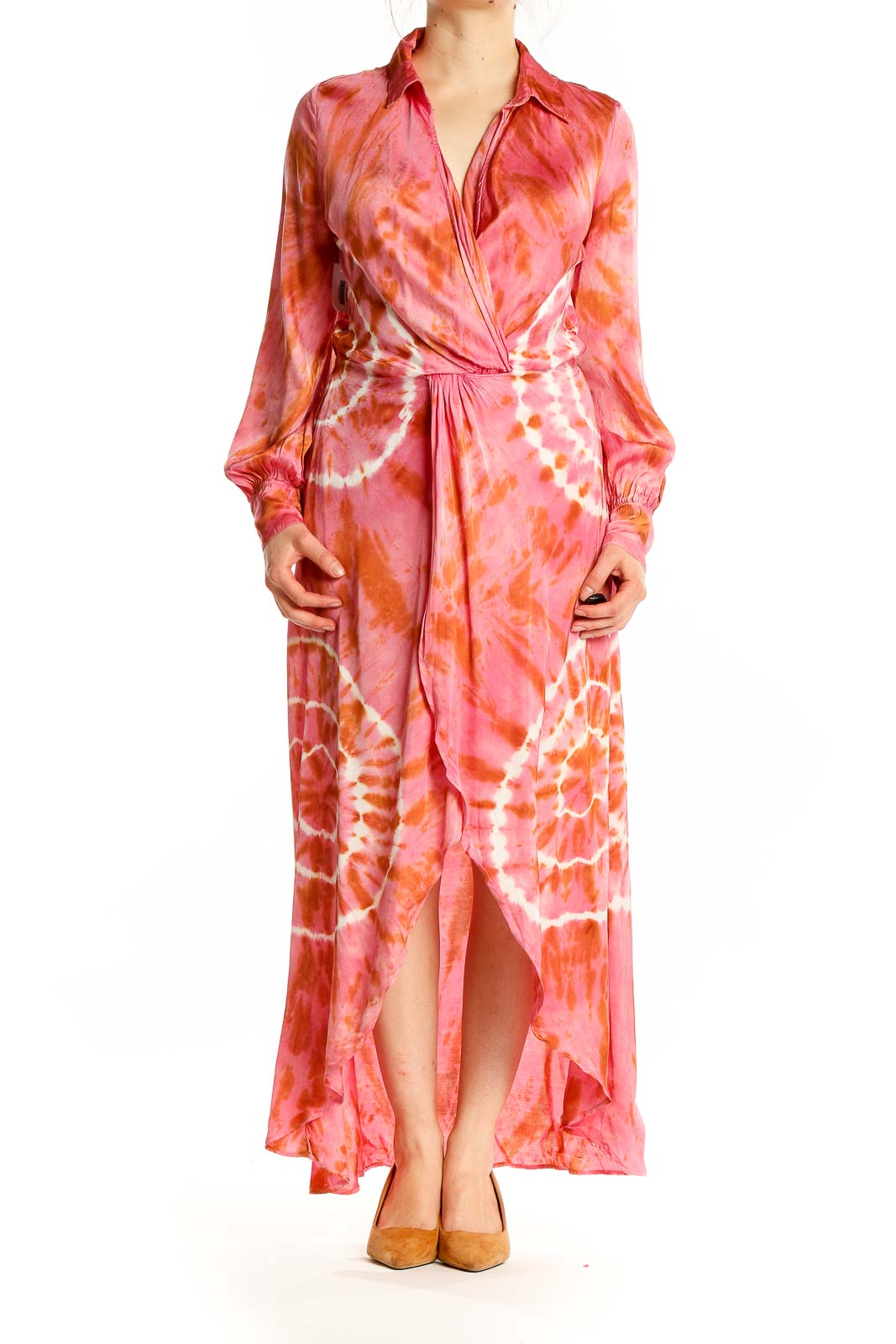 Front view of Young Fabulous & Broke pink tie-dye wrap maxi dress