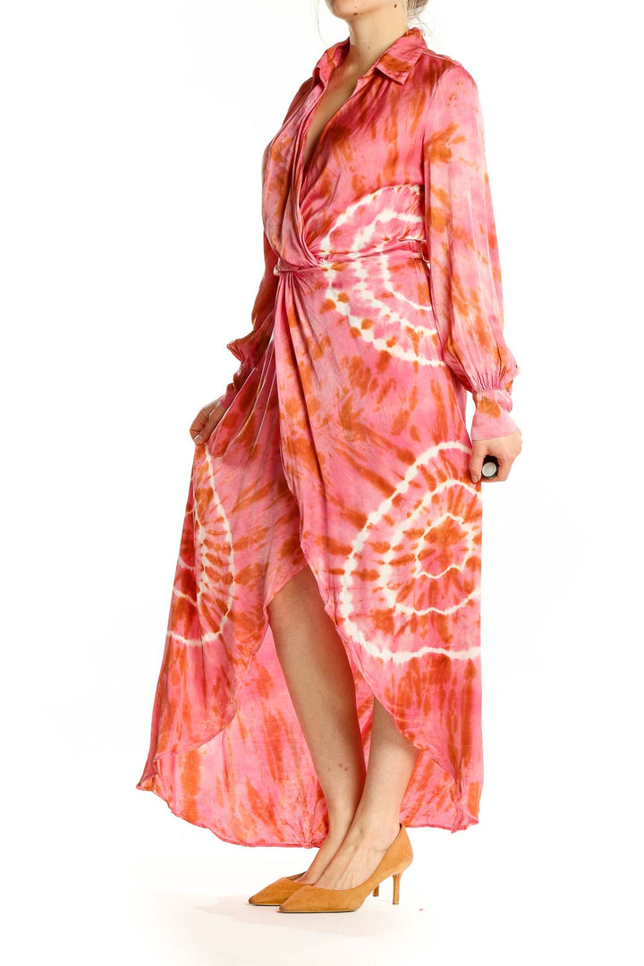 Front view of Young Fabulous & Broke pink tie-dye wrap maxi dress