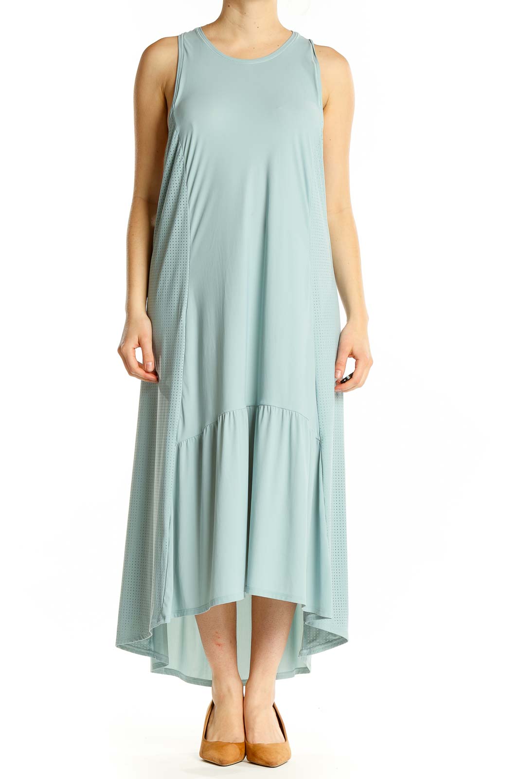 Front view of Sweaty Betty mint green flowy maxi dress with high-low hemline