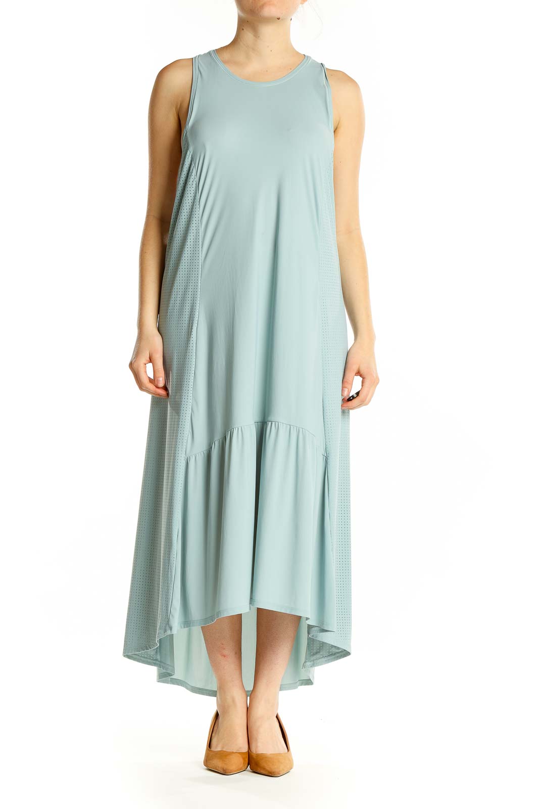 Front view of Sweaty Betty mint green flowy maxi dress with high-low hemline