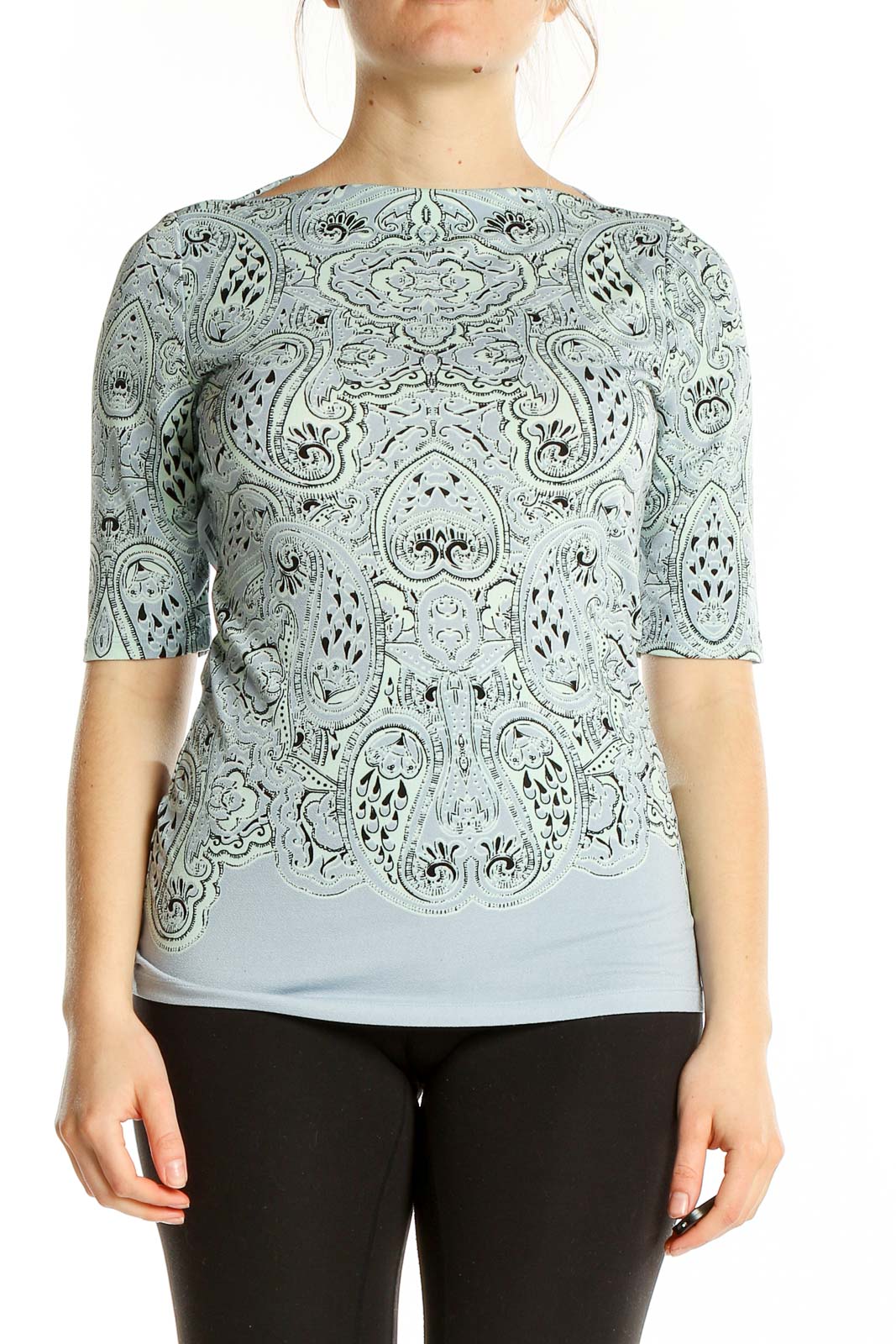 Front view of mint green paisley print elbow-sleeve top from The Limited