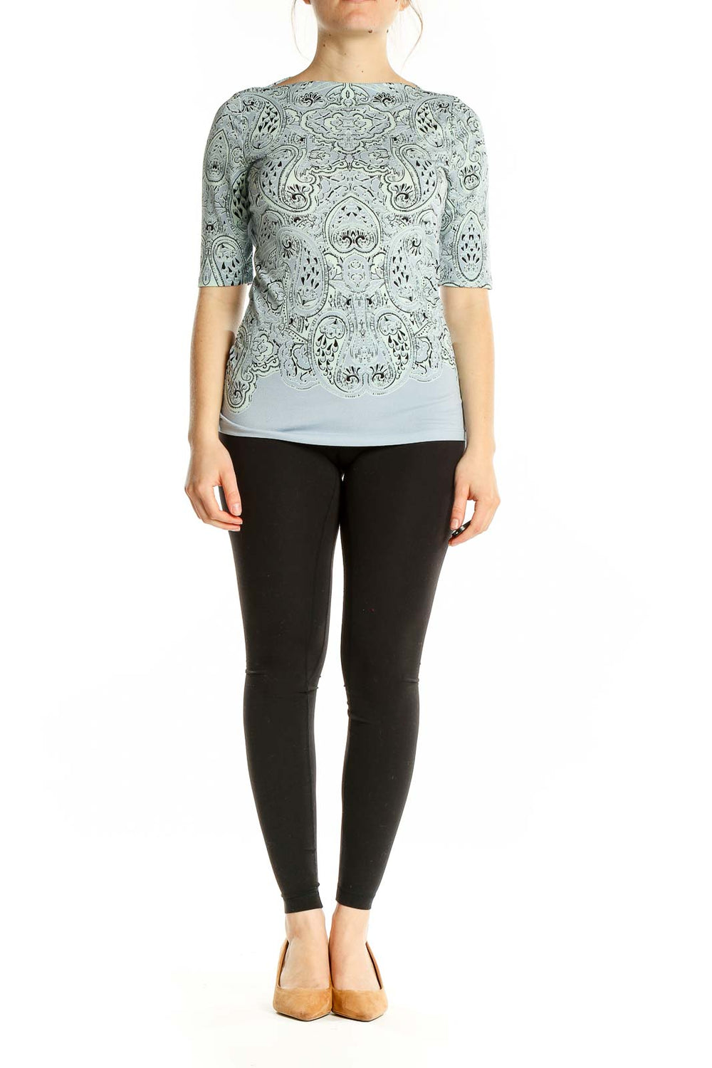 Front view of mint green paisley print elbow-sleeve top from The Limited