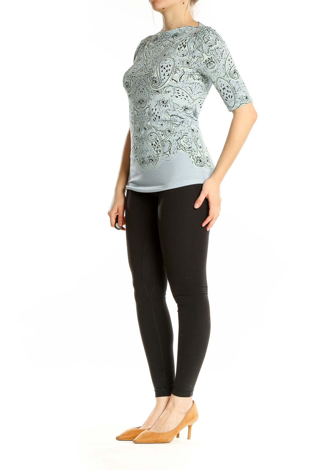 Front view of mint green paisley print elbow-sleeve top from The Limited