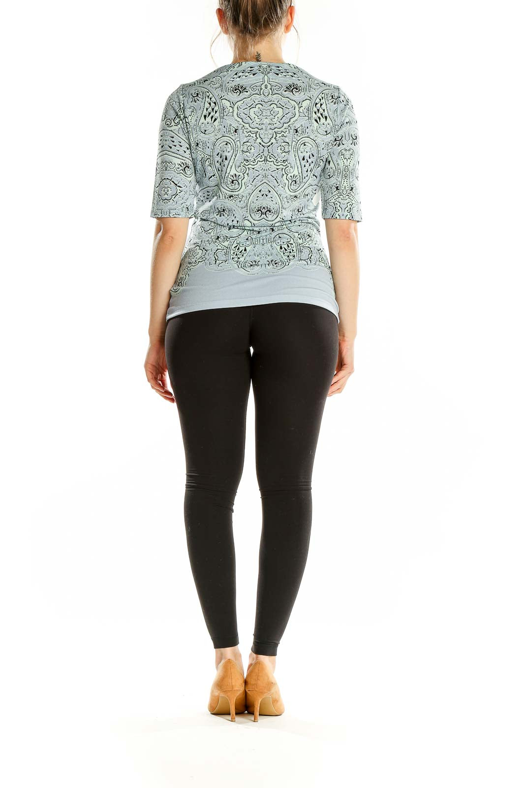 Back view of mint green paisley print elbow-sleeve top from The Limited