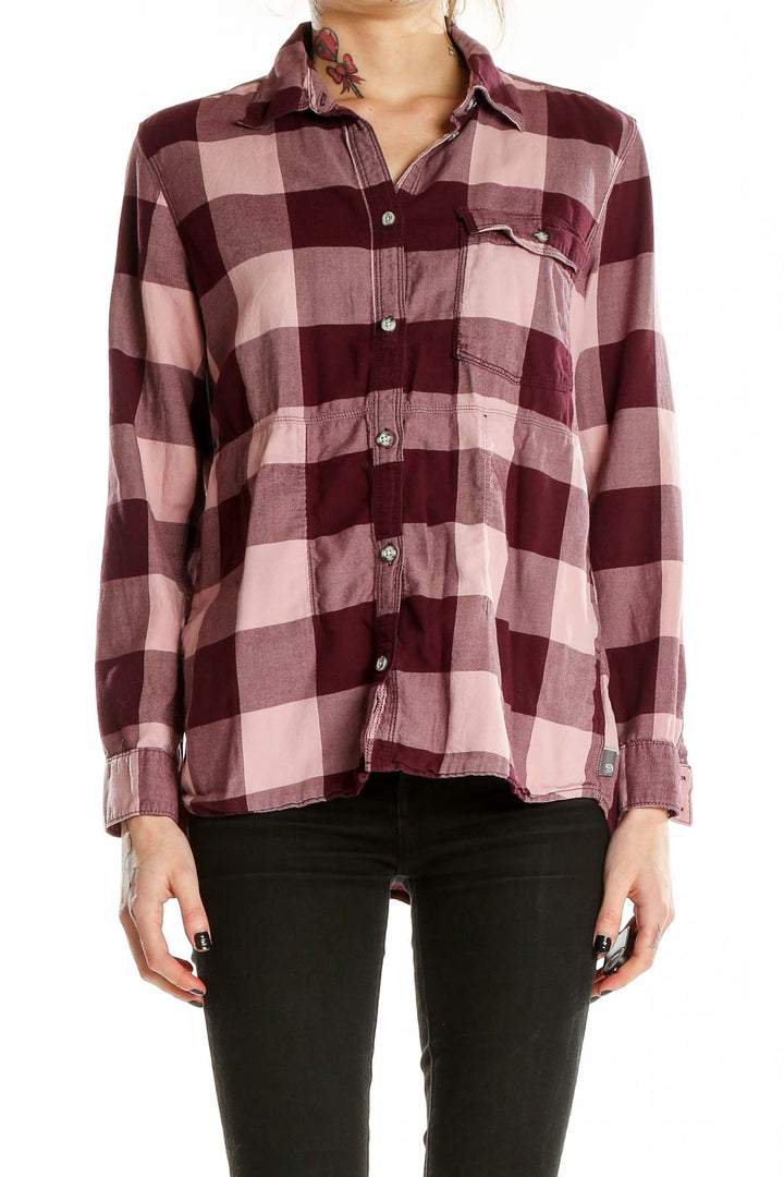 Front view of Mountain Hard Wear burgundy plaid button-down shirt