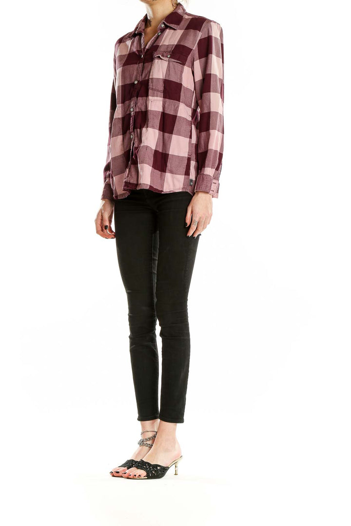 Front view of Mountain Hard Wear burgundy plaid button-down shirt