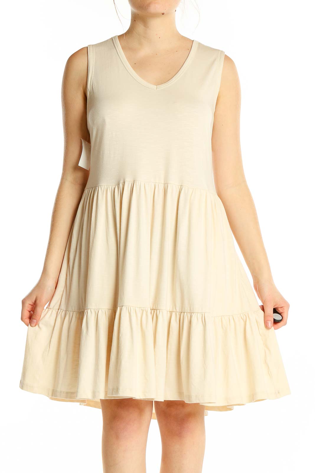 Front view of Toad&Co cream tiered sleeveless summer dress